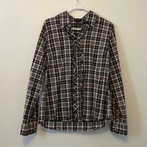 Black & white plaid, button up with ruffled front. Size L Banana Republic